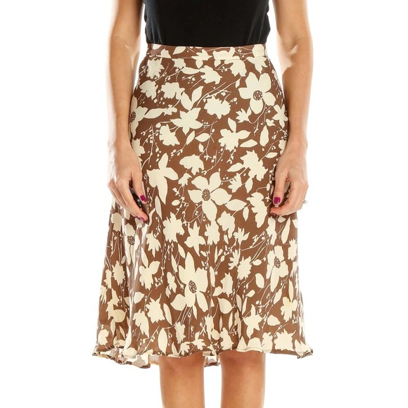 Kate Hill 100% Silk Skirt, A Line Knee Length, Brown Beige Floral Print Size 14P - Picture 2 of 13